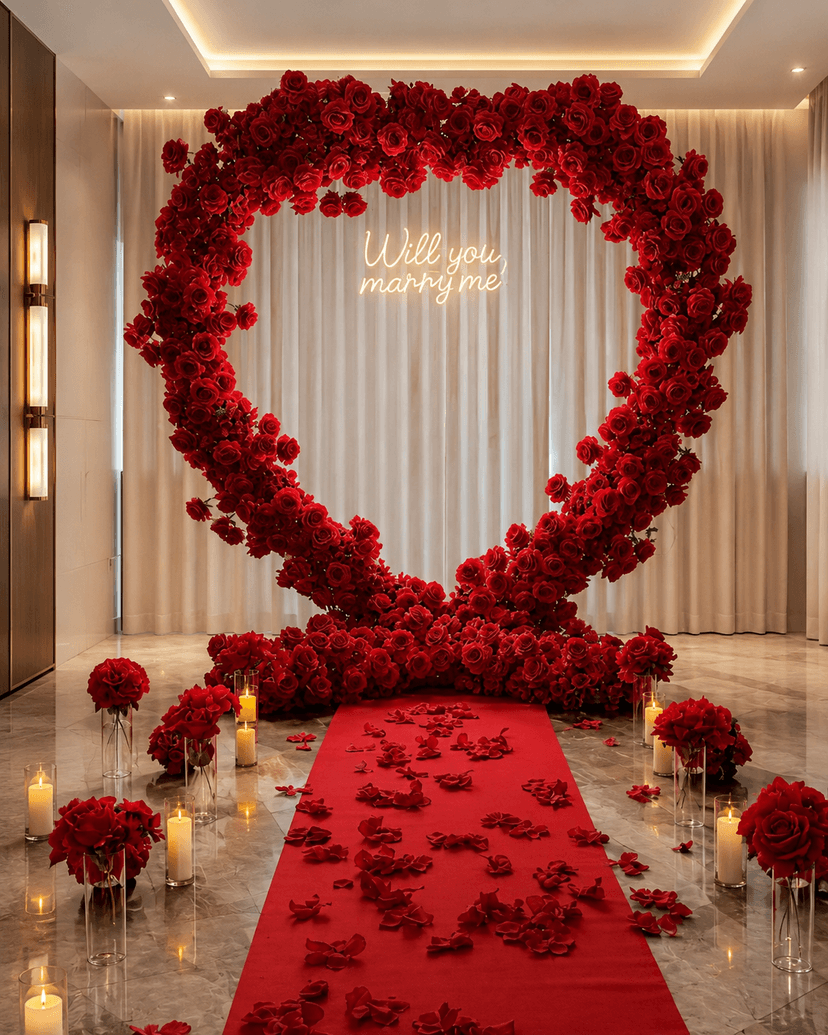 Red flower wall with drapery