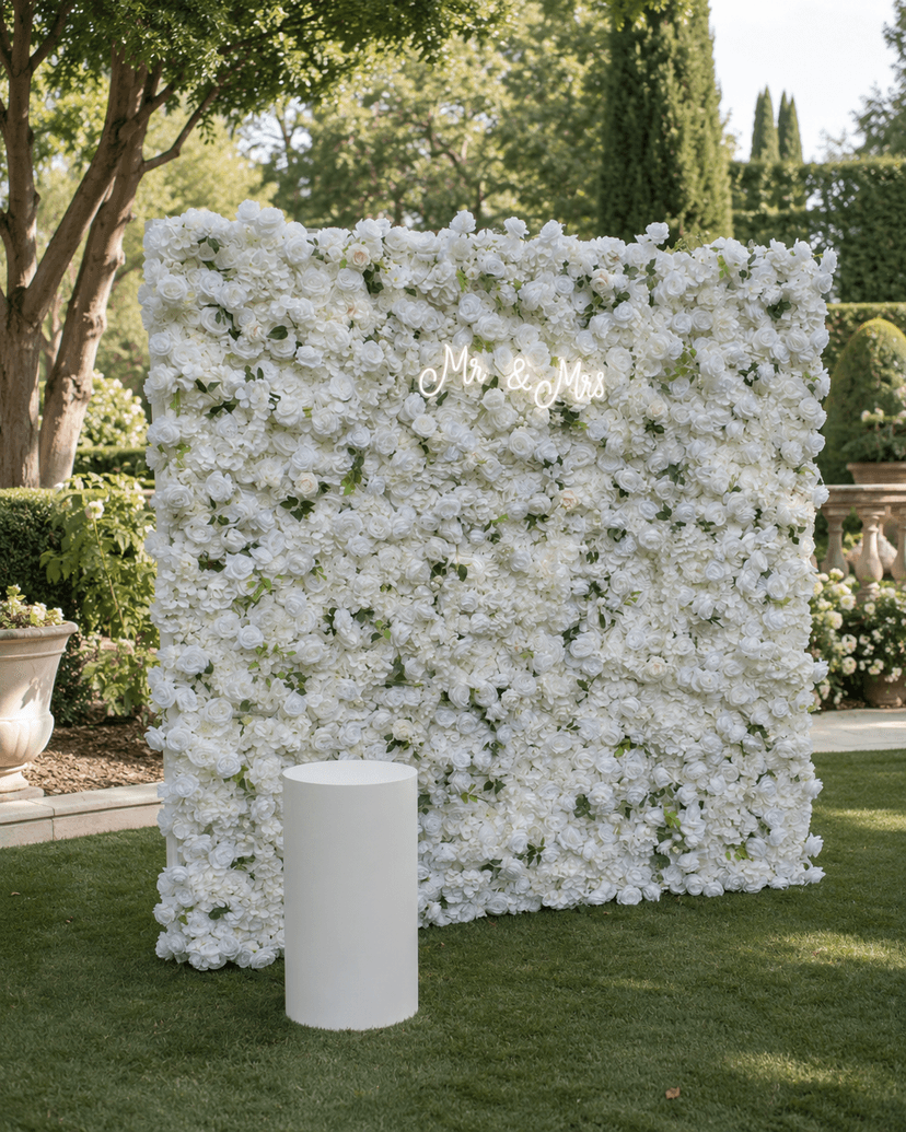 Elegant white flower wall setup
